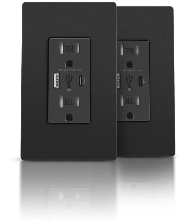 Main image of Black USB Wall Outlets, 4.8A USB Wall Receptacle with Type A & Type C Ports, Duplex 15 Amp Tamper Resistant Electrical Outlet, Screwless Wallplates Included, ETL Listed, 2 Pack