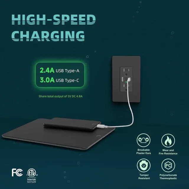 Alt view image 2 of 7 - Black USB Wall Outlets, 4.8A USB Wall Receptacle with Type A & Type C Ports, Duplex 15 Amp Tamper Resistant Electrical Outlet, Screwless Wallplates Included, ETL Listed, 2 Pack