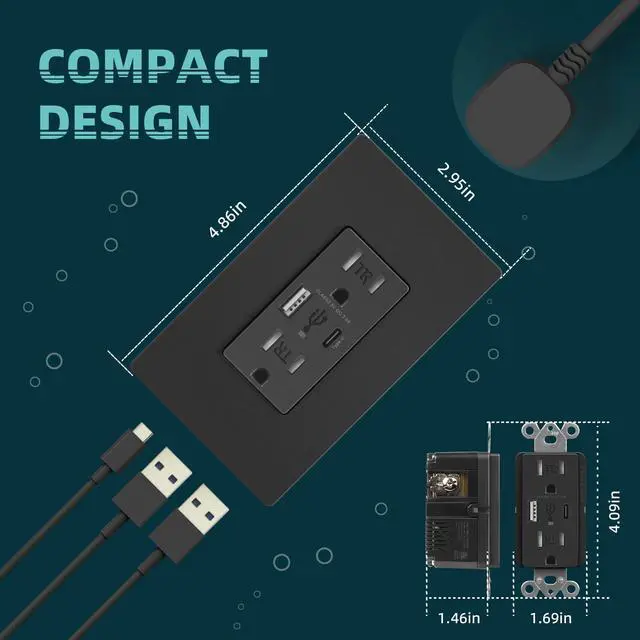 Alt view image 5 of 7 - Black USB Wall Outlets, 4.8A USB Wall Receptacle with Type A & Type C Ports, Duplex 15 Amp Tamper Resistant Electrical Outlet, Screwless Wallplates Included, ETL Listed, 2 Pack