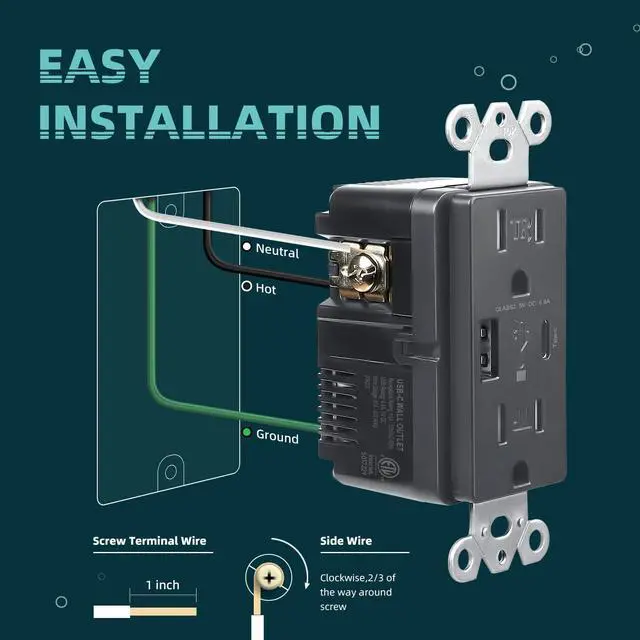 Alt view image 6 of 7 - Black USB Wall Outlets, 4.8A USB Wall Receptacle with Type A & Type C Ports, Duplex 15 Amp Tamper Resistant Electrical Outlet, Screwless Wallplates Included, ETL Listed, 2 Pack