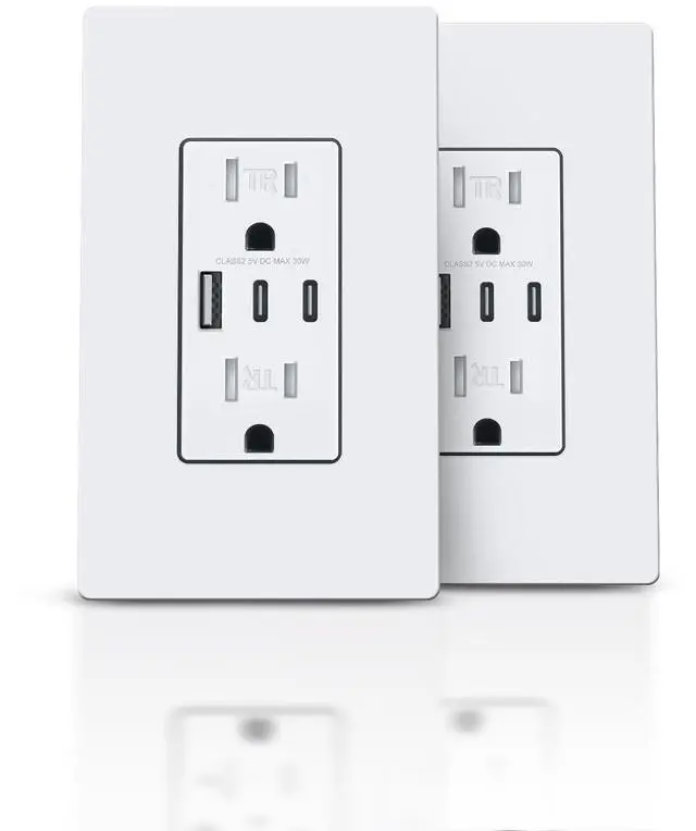 Main image of USB Outlet Receptacle, 3-Port USB C Wall Outlet, 30W 6.0A USB Charging Power Outlet, 15 Amp Tamper-Resistant Receptacle, ETL & FCC Listed, Screwless Wall Plate Included, White, 2 Pack