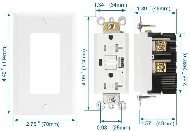 Alt view image 5 of 6 - 20A GFCI Outlet with USB-A & USB-C Charging, Self-Test Tamper-Resistant Electrical Outlet, 5V/4.8A USB Charger with LED Indicator, Includes White Wall Plate, ETL Listed, BCG-004U