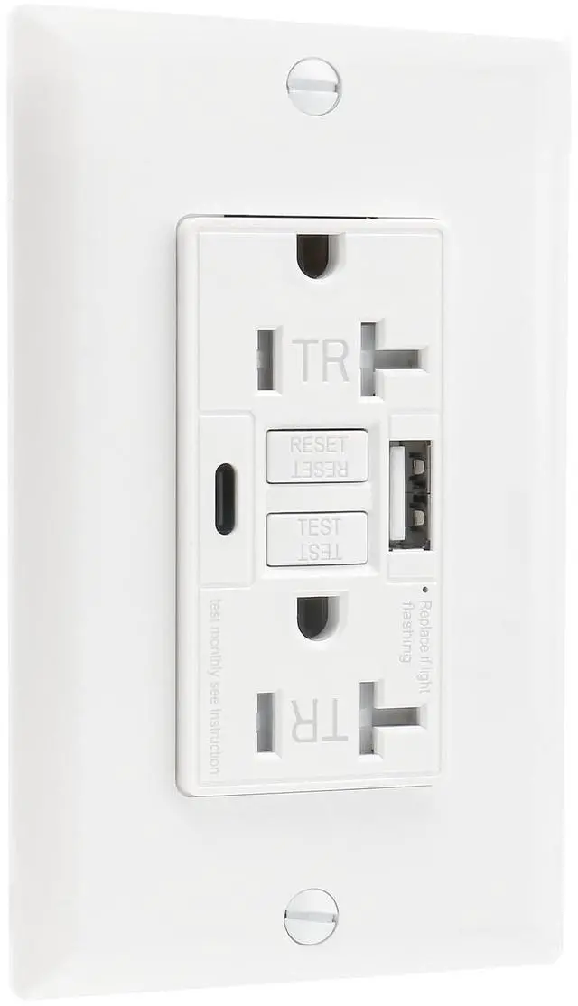 Alt view image 6 of 6 - 20A GFCI Outlet with USB-A & USB-C Charging, Self-Test Tamper-Resistant Electrical Outlet, 5V/4.8A USB Charger with LED Indicator, Includes White Wall Plate, ETL Listed, BCG-004U