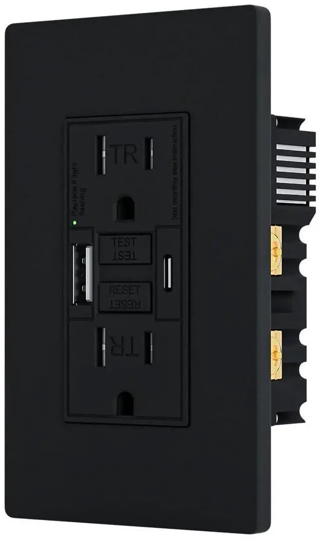 Main image of 15AMP GFCI Outlet with Type A & Type C USB Charging Ports, Self-Test, LED Indicator, Tamper Resistant, GFCI Receptacle Outlet, Screwless Wall Plate Include, ETL Listed, Black