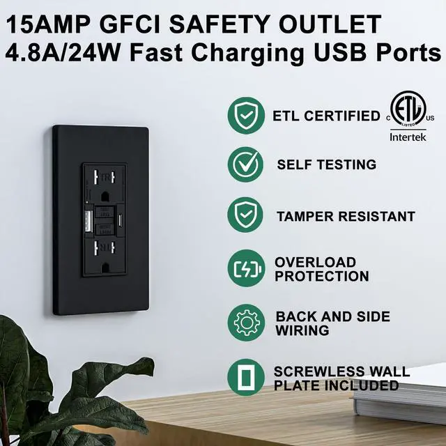 Alt view image 2 of 7 - 15AMP GFCI Outlet with Type A & Type C USB Charging Ports, Self-Test, LED Indicator, Tamper Resistant, GFCI Receptacle Outlet, Screwless Wall Plate Include, ETL Listed, Black