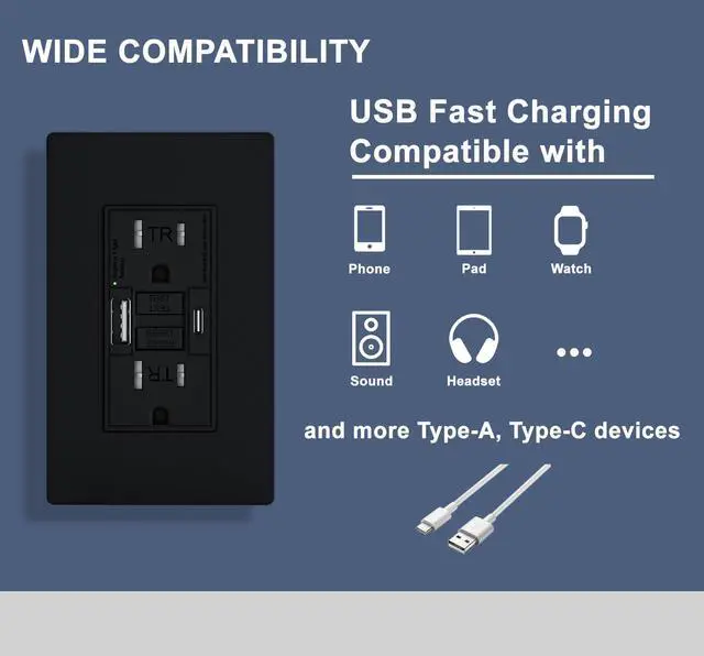 Alt view image 4 of 7 - 15AMP GFCI Outlet with Type A & Type C USB Charging Ports, Self-Test, LED Indicator, Tamper Resistant, GFCI Receptacle Outlet, Screwless Wall Plate Include, ETL Listed, Black