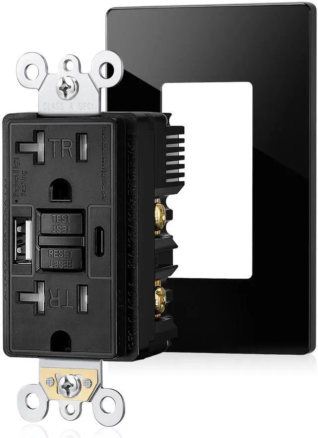 Main image of 20 Amp GFCI Outlet with USB Ports, Self-Test GFCI Combination with USB-C & USB-A, Tamper-Resistant GFCI Electrical Outlet, GFCI Outlet with Screwless Wall Plate, ETL Listed,Black,1-Pack