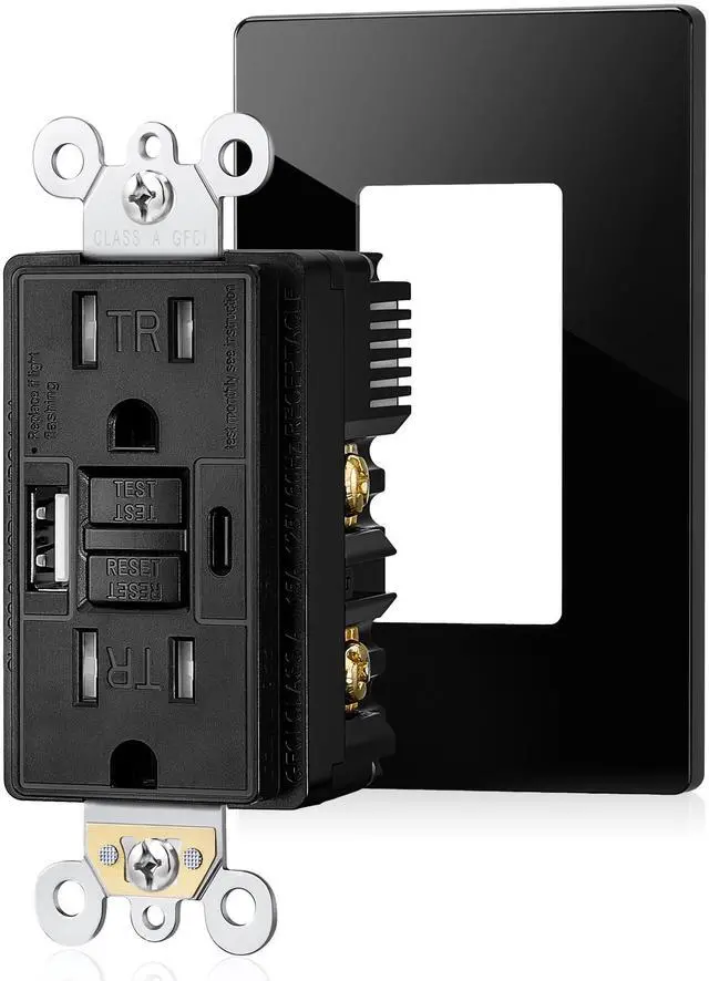 Main image of 15 Amp GFCI Outlet with USB Ports, Self-Test GFCI Combination with USB-C & USB-A, Tamper-Resistant GFCI Electrical Outlet, GFCI Outlet with Screwless Wall Plate, ETL Listed, Black,1-Pack