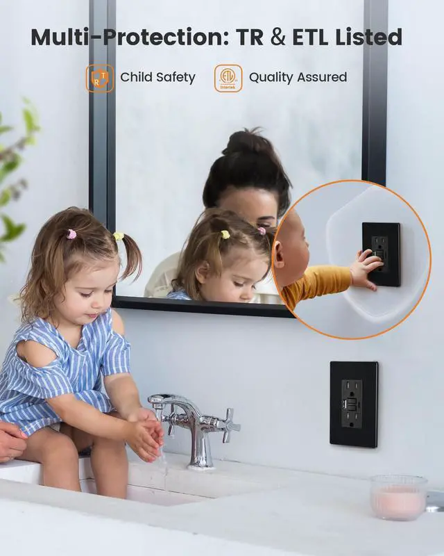 Alt view image 4 of 7 - 15 Amp GFCI Outlet with USB Ports, Self-Test GFCI Combination with USB-C & USB-A, Tamper-Resistant GFCI Electrical Outlet, GFCI Outlet with Screwless Wall Plate, ETL Listed, Black,1-Pack