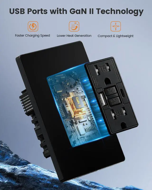 Alt view image 5 of 7 - 15 Amp GFCI Outlet with USB Ports, Self-Test GFCI Combination with USB-C & USB-A, Tamper-Resistant GFCI Electrical Outlet, GFCI Outlet with Screwless Wall Plate, ETL Listed, Black,1-Pack