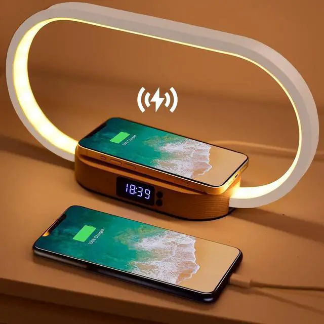 Main image of Wooden Bedside Lamp with 15W Fast Wireless Charger | Touch Control, 3 Color Modes, Clock & Stepless Dimming for Nightstand