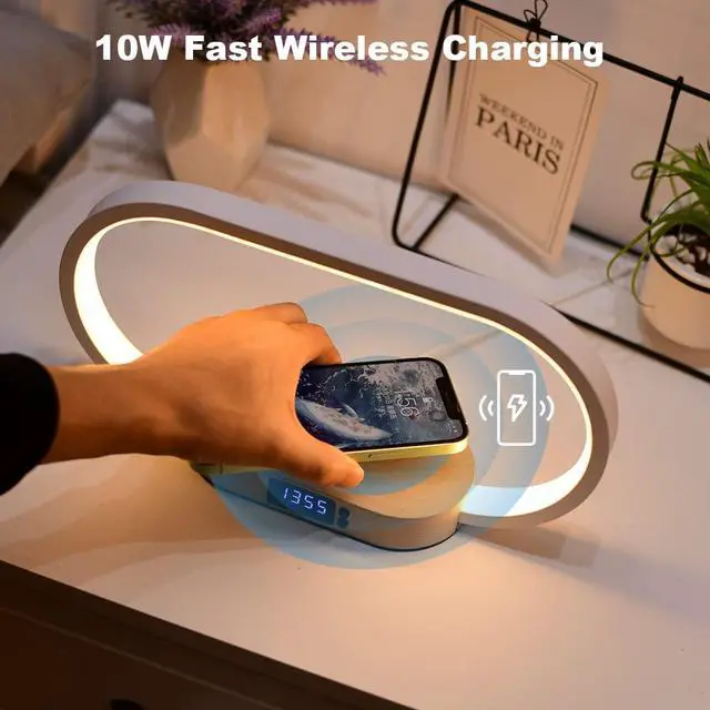 Alt view image 2 of 7 - Wooden Bedside Lamp with 15W Fast Wireless Charger | Touch Control, 3 Color Modes, Clock & Stepless Dimming for Nightstand