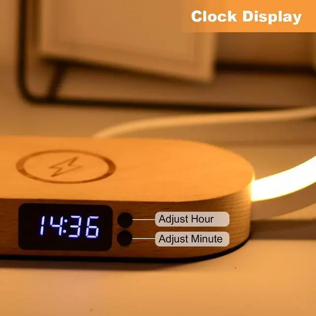 Alt view image 5 of 7 - Wooden Bedside Lamp with 15W Fast Wireless Charger | Touch Control, 3 Color Modes, Clock & Stepless Dimming for Nightstand