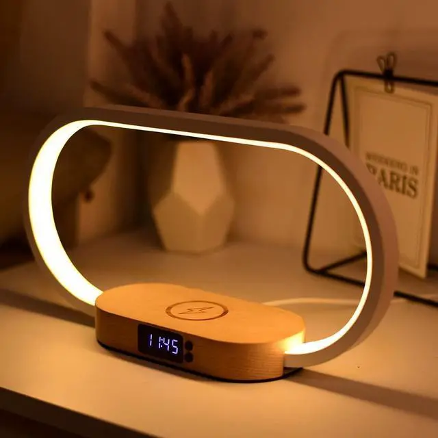 Alt view image 7 of 7 - Wooden Bedside Lamp with 15W Fast Wireless Charger | Touch Control, 3 Color Modes, Clock & Stepless Dimming for Nightstand