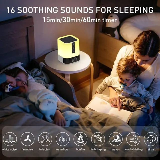 Alt view image 4 of 6 - White Noise Sound Machine Alarm Clock with Bluetooth Speaker, 48 Night Light, 16 Soothing Sounds for Baby Adults Sleeping & Kids Bedroom, Bedside Lamp with Clock, Gift Ideas for Teenage Boys Girls