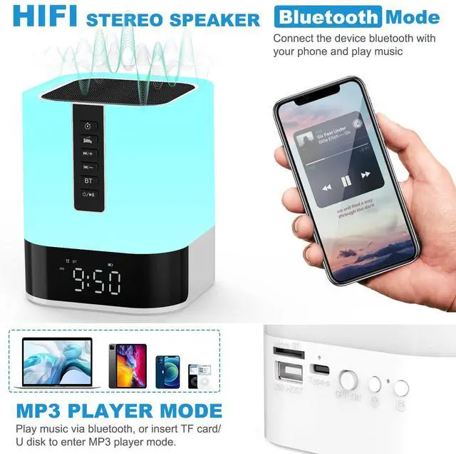 Alt view image 2 of 7 - Night Light Bluetooth Speaker Alarm Clock, Upgraded Touch Bedside Lamp for Bedroom, Dimmable Warm Light, 48 RGB Color Changing, Sound Machine with White Noise, Best Gifts for Teenage Boys Girls