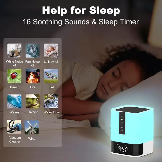 Alt view image 4 of 7 - Night Light Bluetooth Speaker Alarm Clock, Upgraded Touch Bedside Lamp for Bedroom, Dimmable Warm Light, 48 RGB Color Changing, Sound Machine with White Noise, Best Gifts for Teenage Boys Girls