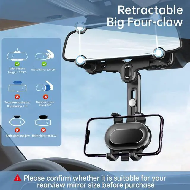 Alt view image 2 of 20 - SOEWIOU Rearview Mirror Phone Holder for Car,360°Rotatable and Retractable Multifunctional Rear View Mirror Phone Holder,Four Corners Fixed Anti-Shake Design,for All Mobile Phones and All Car