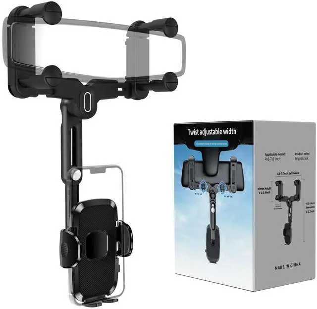 Main image of Car Phone Holder Mount, Rear View Mirror Phone Holder, Rotatable and Retractable Phone Holders for Your Car Compatible with iPhone Samsung All 4-7 Inch Cell Phones