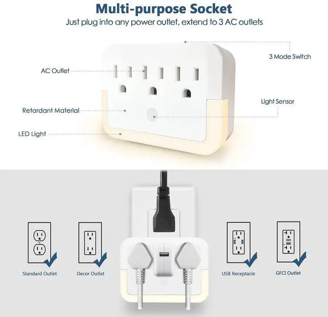 Alt view image 2 of 7 - Multi Plug Wall Mount Outlet Adapter, Outlet Extender with Light-Sensing,Power Strip with Warm Night Light for Home Office Hotel Travel-White(1 Pack)