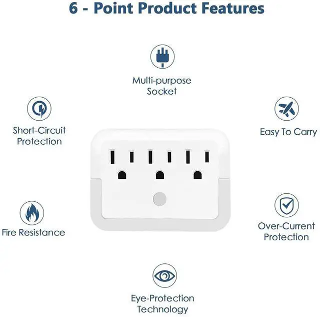 Alt view image 3 of 7 - Multi Plug Wall Mount Outlet Adapter, Outlet Extender with Light-Sensing,Power Strip with Warm Night Light for Home Office Hotel Travel-White(1 Pack)