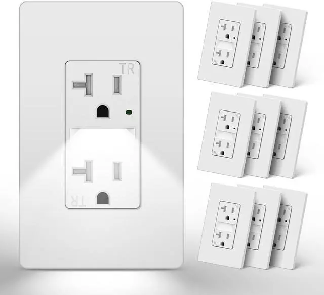 Main image of 20 Amp Receptacle Outlet with LED Night Light, Dusk to Dawn Guide Lights Electrical Outlets, Tamper-Resistant, Screwless Wall Plate Included, 10 Pack, ETL Listed, White