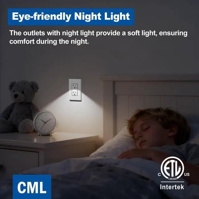 Alt view image 6 of 7 - 20 Amp Receptacle Outlet with LED Night Light, Dusk to Dawn Guide Lights Electrical Outlets, Tamper-Resistant, Screwless Wall Plate Included, 10 Pack, ETL Listed, White