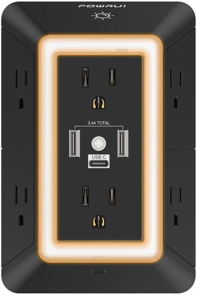 Main image of Outlet Extender Power Strip, 6 AC Surge Protector Outlets with 3 USB Ports (1 USB C) and Night Light, 3-Sided Multi Plug Wall Outlet with Spaced Outlets - Black, ETL Listed