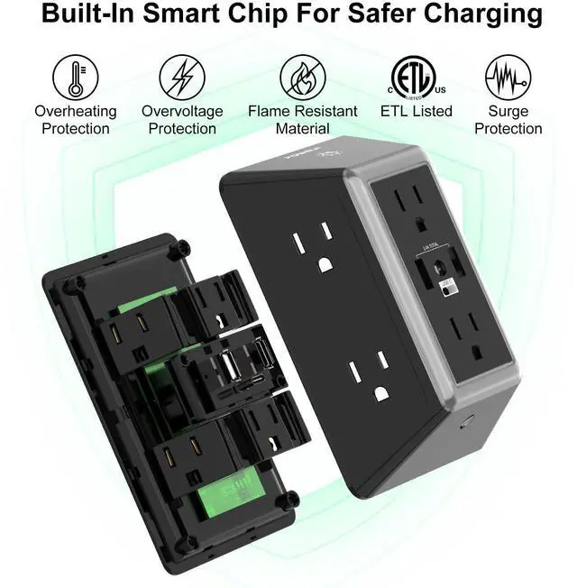 Alt view image 2 of 7 - Outlet Extender Power Strip, 6 AC Surge Protector Outlets with 3 USB Ports (1 USB C) and Night Light, 3-Sided Multi Plug Wall Outlet with Spaced Outlets - Black, ETL Listed