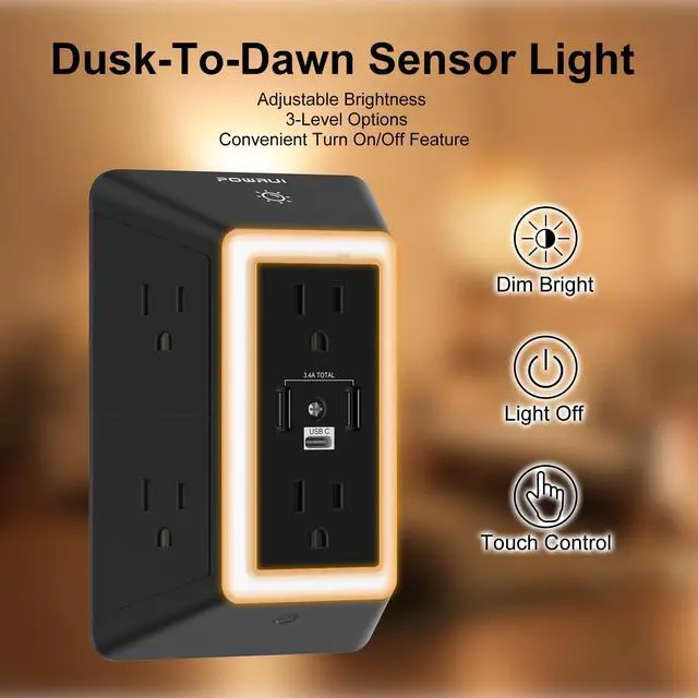 Alt view image 3 of 7 - Outlet Extender Power Strip, 6 AC Surge Protector Outlets with 3 USB Ports (1 USB C) and Night Light, 3-Sided Multi Plug Wall Outlet with Spaced Outlets - Black, ETL Listed