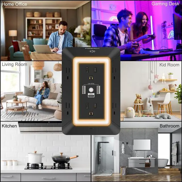 Alt view image 5 of 7 - Outlet Extender Power Strip, 6 AC Surge Protector Outlets with 3 USB Ports (1 USB C) and Night Light, 3-Sided Multi Plug Wall Outlet with Spaced Outlets - Black, ETL Listed