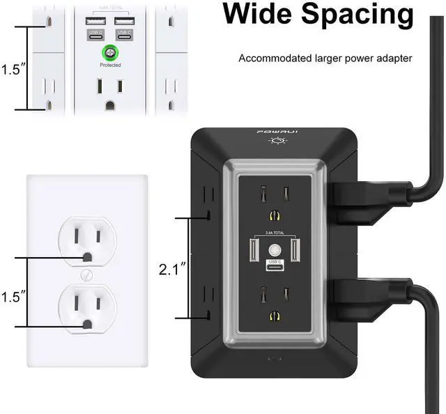 Alt view image 6 of 7 - Outlet Extender Power Strip, 6 AC Surge Protector Outlets with 3 USB Ports (1 USB C) and Night Light, 3-Sided Multi Plug Wall Outlet with Spaced Outlets - Black, ETL Listed