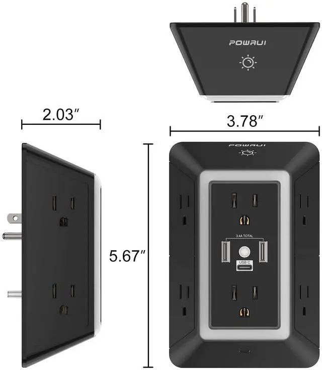 Alt view image 7 of 7 - Outlet Extender Power Strip, 6 AC Surge Protector Outlets with 3 USB Ports (1 USB C) and Night Light, 3-Sided Multi Plug Wall Outlet with Spaced Outlets - Black, ETL Listed