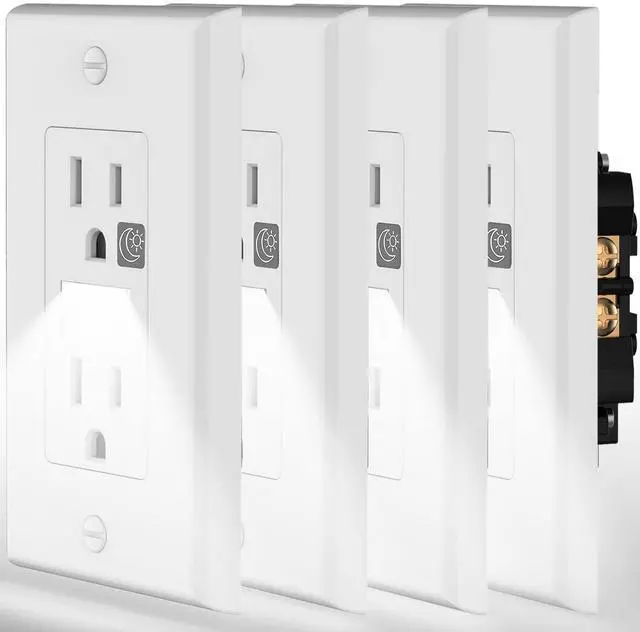 Main image of Night Light Wall Outlet-Easy to Install,Standard Electrical Outlets with Nightlight,White,2 Pole 3 Wire,Non-Tamper Resistant,Wall Plate Included(4Pack,Daylight White LED)
