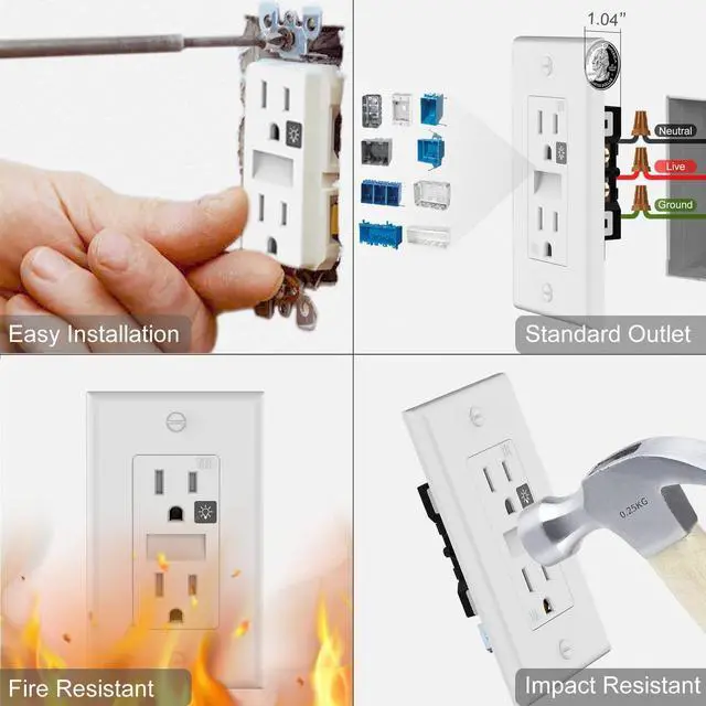 Alt view image 3 of 6 - Night Light Wall Outlet-Easy to Install,Standard Electrical Outlets with Nightlight,White,2 Pole 3 Wire,Non-Tamper Resistant,Wall Plate Included(4Pack,Daylight White LED)