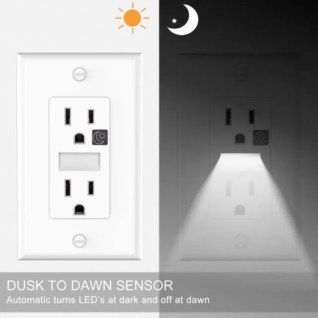 Alt view image 4 of 6 - Night Light Wall Outlet-Easy to Install,Standard Electrical Outlets with Nightlight,White,2 Pole 3 Wire,Non-Tamper Resistant,Wall Plate Included(4Pack,Daylight White LED)