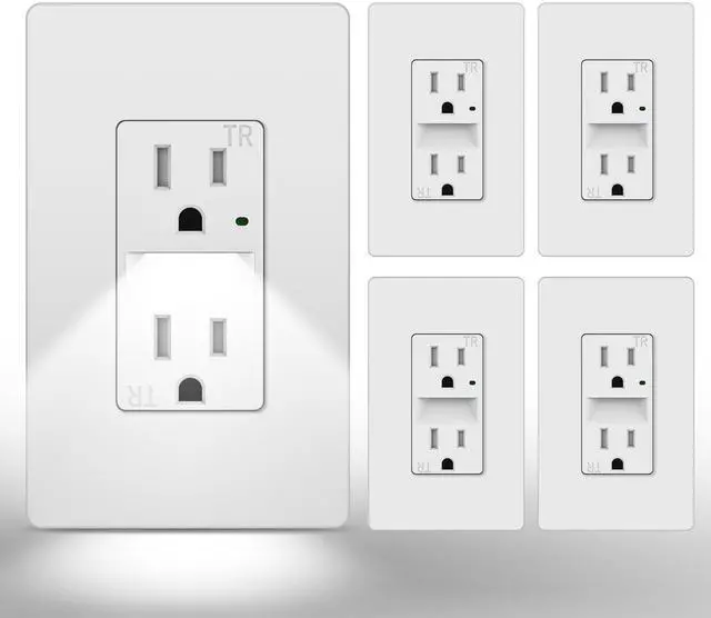 Main image of Outlet with Night Light, 15 Amp Decorator Receptacle with LED Guide Lights and Dusk to Dawn On/Off Sensor, Tamper Resistant Electrical Outlets w/Screwless Wall Plate, ETL Listed, 5 Pack, White
