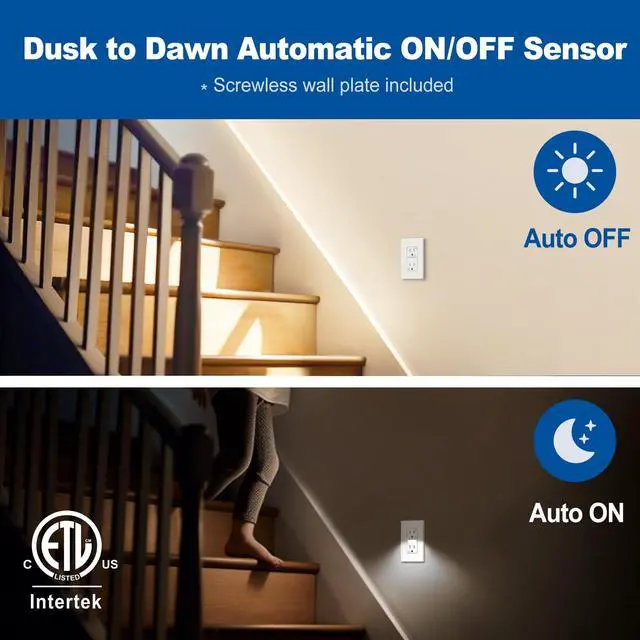 Alt view image 2 of 7 - Outlet with Night Light, 15 Amp Decorator Receptacle with LED Guide Lights and Dusk to Dawn On/Off Sensor, Tamper Resistant Electrical Outlets w/Screwless Wall Plate, ETL Listed, 5 Pack, White