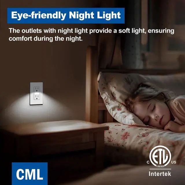 Alt view image 3 of 7 - Outlet with Night Light, 15 Amp Decorator Receptacle with LED Guide Lights and Dusk to Dawn On/Off Sensor, Tamper Resistant Electrical Outlets w/Screwless Wall Plate, ETL Listed, 5 Pack, White