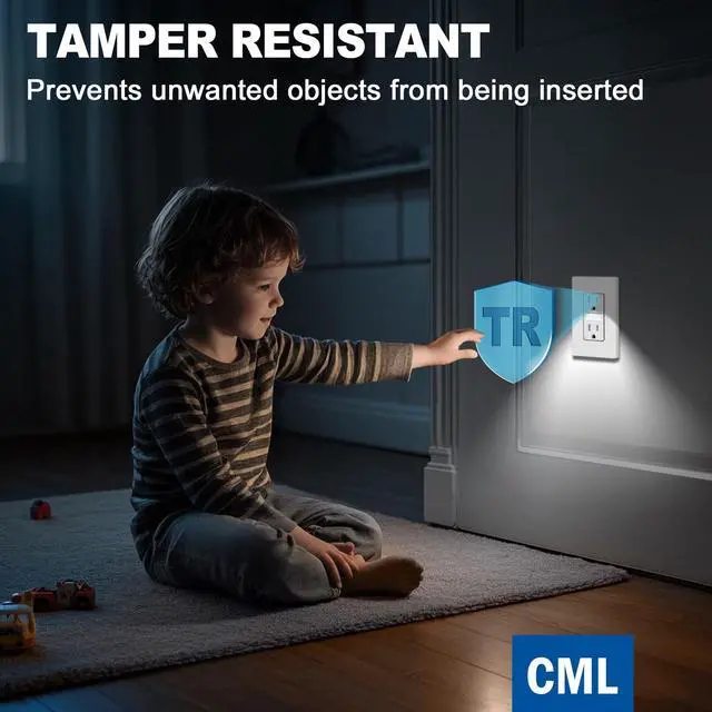 Alt view image 6 of 7 - Outlet with Night Light, 15 Amp Decorator Receptacle with LED Guide Lights and Dusk to Dawn On/Off Sensor, Tamper Resistant Electrical Outlets w/Screwless Wall Plate, ETL Listed, 5 Pack, White