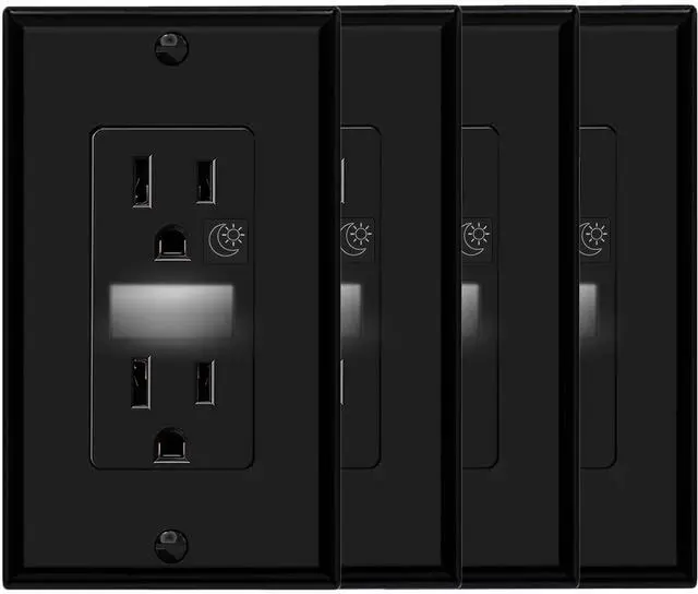 Main image of Black Wall Outlet Receptacle with Night Light,Electrical Receptacle Outlets,15A 125V, 2 Pole 3 Wire,Wall Plate Included,4 Pack