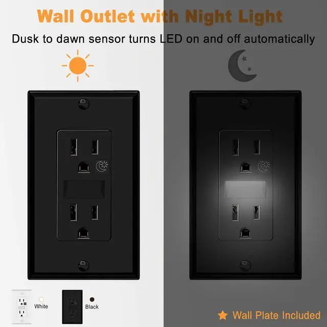 Alt view image 2 of 7 - Black Wall Outlet Receptacle with Night Light,Electrical Receptacle Outlets,15A 125V, 2 Pole 3 Wire,Wall Plate Included,4 Pack