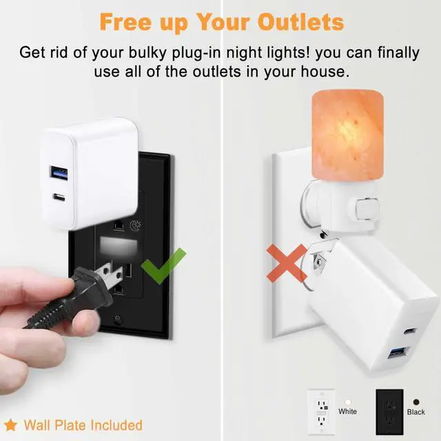 Alt view image 3 of 7 - Black Wall Outlet Receptacle with Night Light,Electrical Receptacle Outlets,15A 125V, 2 Pole 3 Wire,Wall Plate Included,4 Pack