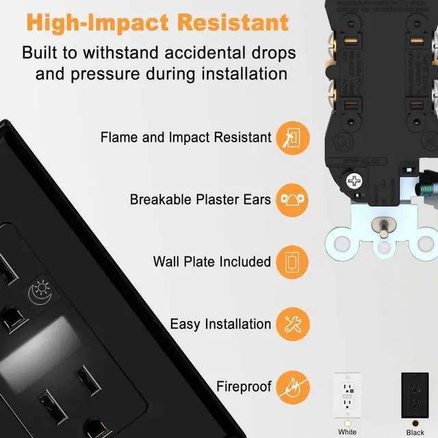 Alt view image 4 of 7 - Black Wall Outlet Receptacle with Night Light,Electrical Receptacle Outlets,15A 125V, 2 Pole 3 Wire,Wall Plate Included,4 Pack