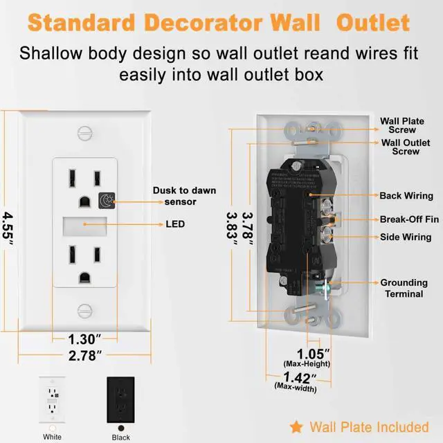 Alt view image 5 of 7 - Black Wall Outlet Receptacle with Night Light,Electrical Receptacle Outlets,15A 125V, 2 Pole 3 Wire,Wall Plate Included,4 Pack
