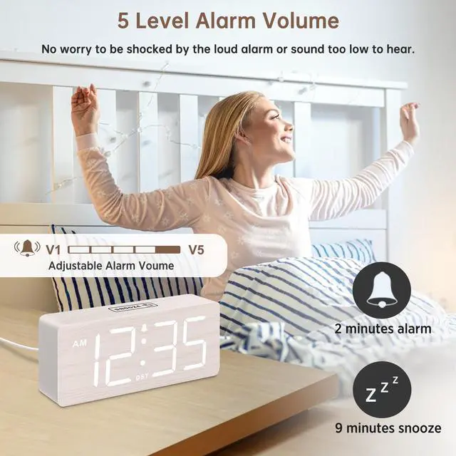 Alt view image 3 of 6 - Wooden Digital Alarm Clock for Bedroom - Desk Clock for Living Room with Large Numbers, Dimmer, Loud Alarm for Heavy Sleepers with Volume Control, DST, Office Wood Decor (Plug in Clock)