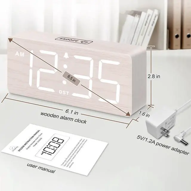 Alt view image 6 of 6 - Wooden Digital Alarm Clock for Bedroom - Desk Clock for Living Room with Large Numbers, Dimmer, Loud Alarm for Heavy Sleepers with Volume Control, DST, Office Wood Decor (Plug in Clock)