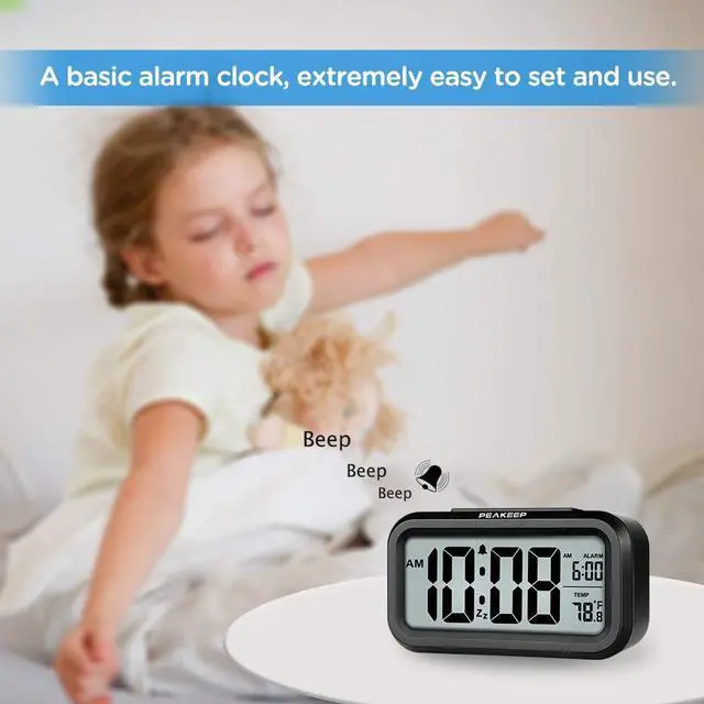 Alt view image 2 of 7 - Night Light Digital Alarm Clock Battery Operated with Indoor Temperature, Desk Small Clock (Black)