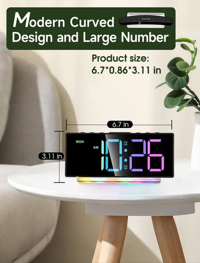 Alt view image 2 of 6 - Extra Loud Alarm Clock for Heavy Sleepers Adults,Teens,Kids,Rainbow Clock for Bedrooms,Small Bedside Digital Clock with Large Display,7 Color Night Light,12/24h(Black+Dynamic)