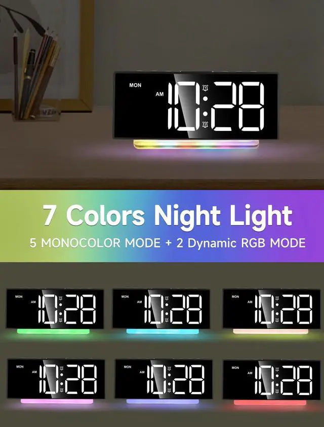 Alt view image 3 of 6 - Extra Loud Alarm Clock for Heavy Sleepers Adults,Teens,Kids,Rainbow Clock for Bedrooms,Small Bedside Digital Clock with Large Display,7 Color Night Light,12/24h(Black+Dynamic)